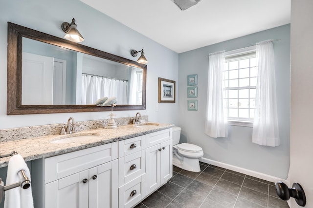 bathroom with tile patterned floors, toilet, and vanity