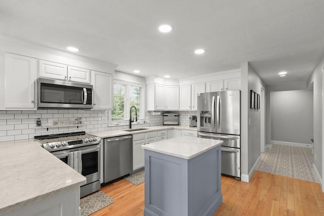 kitchen featuring backsplash, white cabinets, appliances with stainless steel finishes, and a sink