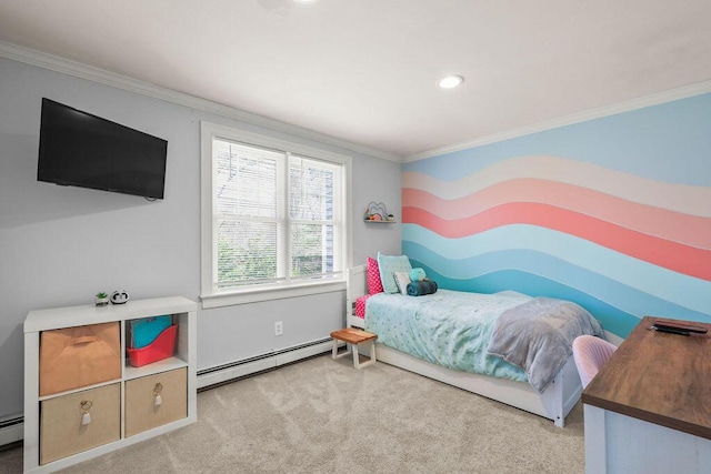 carpeted bedroom with crown molding, recessed lighting, baseboard heating, and a baseboard radiator