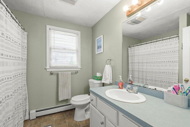 full bathroom with a textured ceiling, visible vents, baseboard heating, vanity, and toilet