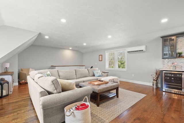 living room featuring dark wood-style flooring, a wall mounted air conditioner, beverage cooler, lofted ceiling, and recessed lighting