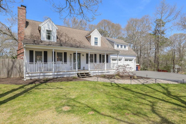 cape cod home with a porch, a chimney, a front yard, fence, and aphalt driveway