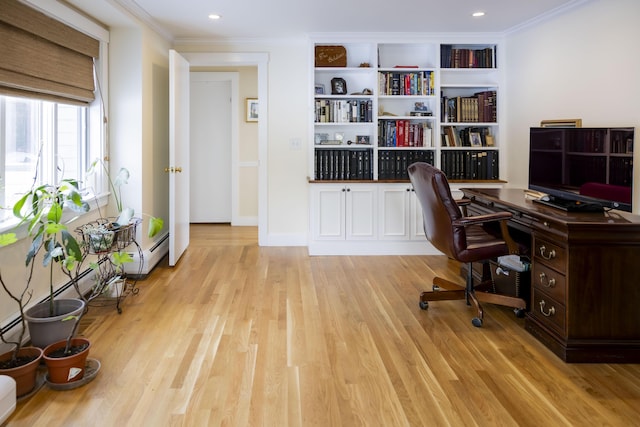 home office with crown molding and light wood-type flooring