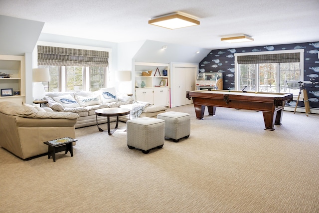 rec room with vaulted ceiling, light carpet, a wealth of natural light, and pool table