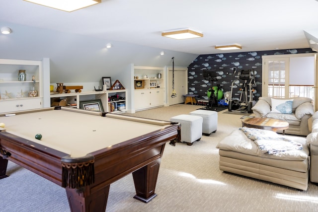 rec room featuring vaulted ceiling and light carpet