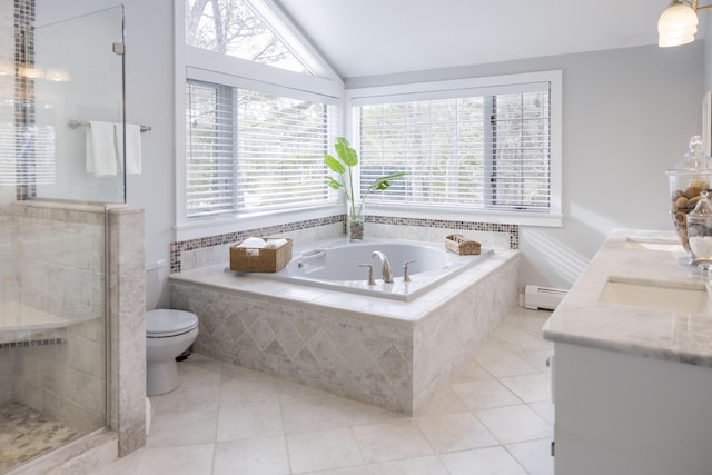 full bathroom featuring a baseboard radiator, lofted ceiling, vanity, separate shower and tub, and tile patterned floors