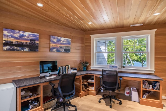 2 Bridge St, East Falmouth, MA 02536 - office area with built in desk, wood walls, wooden ceiling, recessed lighting, and wood finished floors