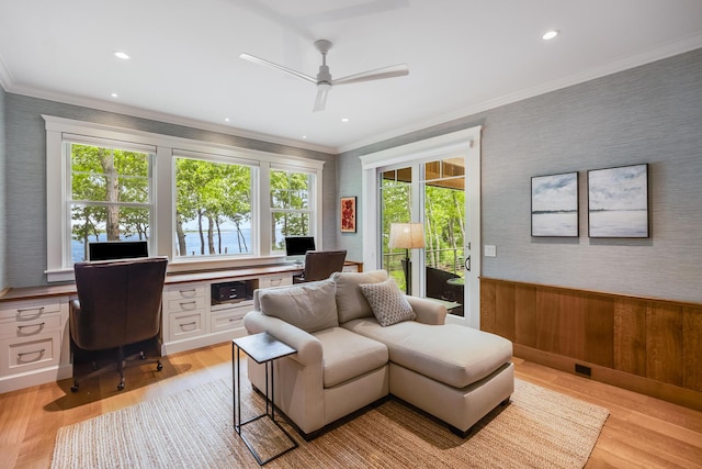 2 Bridge St, East Falmouth, MA 02536 - office featuring crown molding, plenty of natural light, ceiling fan, wallpapered walls, and light wood-style flooring
