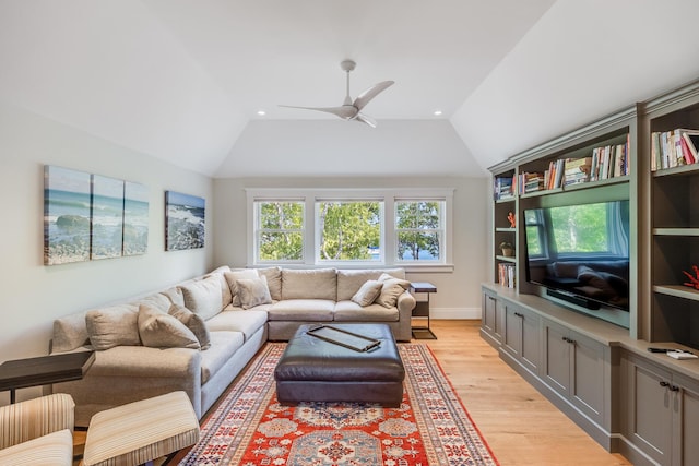 2 Bridge St, East Falmouth, MA 02536 - living room featuring light wood-type flooring, a ceiling fan, vaulted ceiling, and recessed lighting