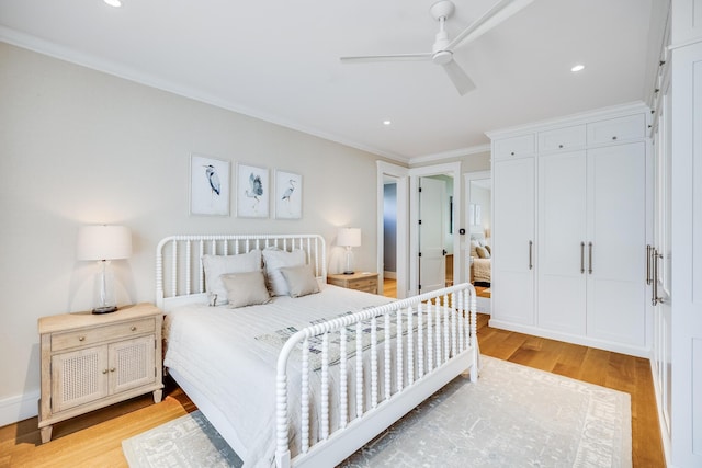 2 Bridge St, East Falmouth, MA 02536 - bedroom featuring ornamental molding, light wood-type flooring, ceiling fan, and recessed lighting