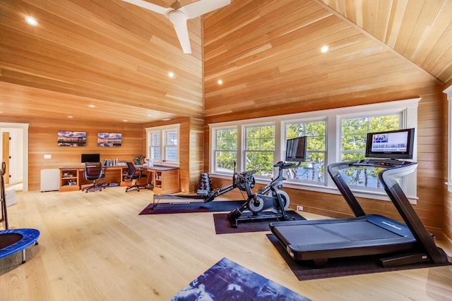 2 Bridge St, East Falmouth, MA 02536 - exercise room featuring wood walls, wooden ceiling, vaulted ceiling, wood finished floors, and recessed lighting