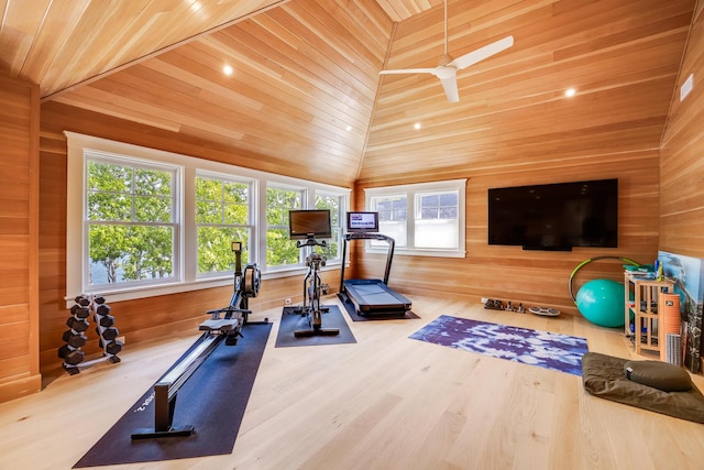 2 Bridge St, East Falmouth, MA 02536 - workout area with wooden ceiling, wood walls, wood finished floors, a ceiling fan, and lofted ceiling