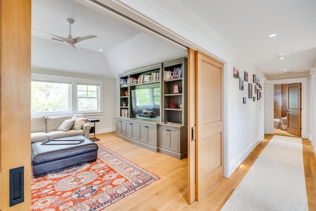 2 Bridge St, East Falmouth, MA 02536 - living area featuring light wood-style flooring, vaulted ceiling, ceiling fan, recessed lighting, and baseboards