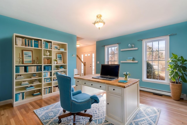 home office featuring baseboards, light wood finished floors, and baseboard heating