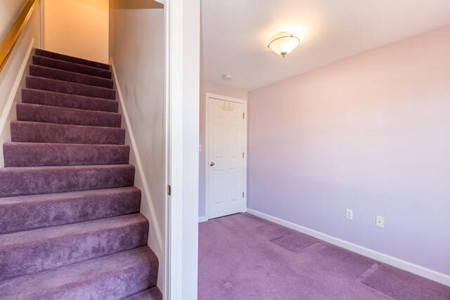 stairway featuring carpet flooring and baseboards
