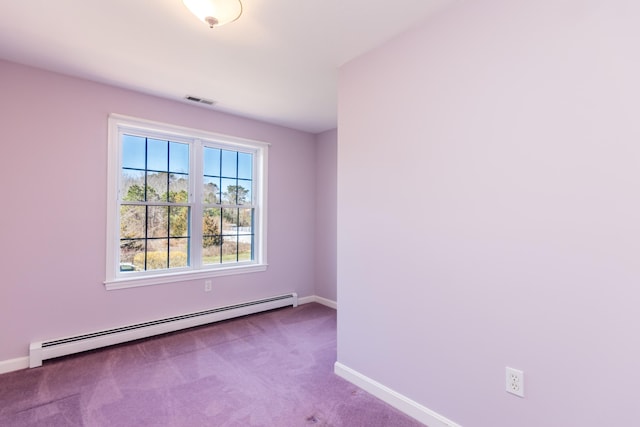 empty room featuring carpet floors, baseboards, visible vents, and baseboard heating