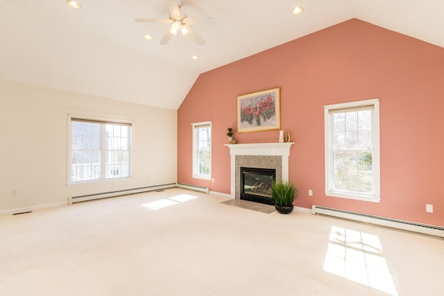 unfurnished living room featuring carpet, recessed lighting, lofted ceiling, and baseboard heating