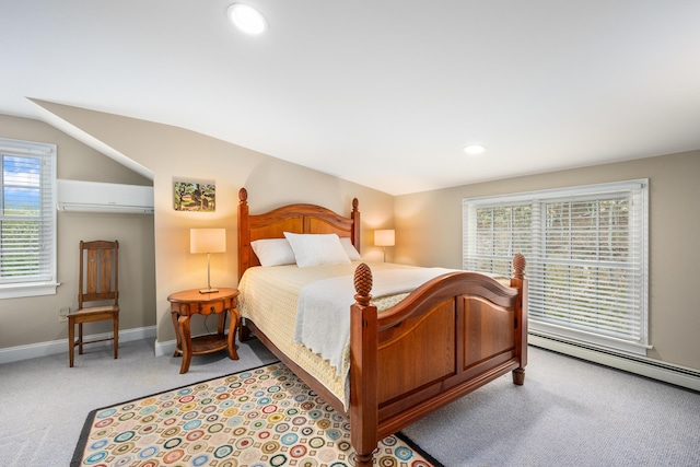 bedroom featuring light colored carpet, multiple windows, vaulted ceiling, baseboards, and recessed lighting