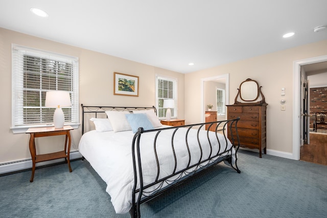 bedroom featuring carpet, a baseboard radiator, recessed lighting, and baseboards