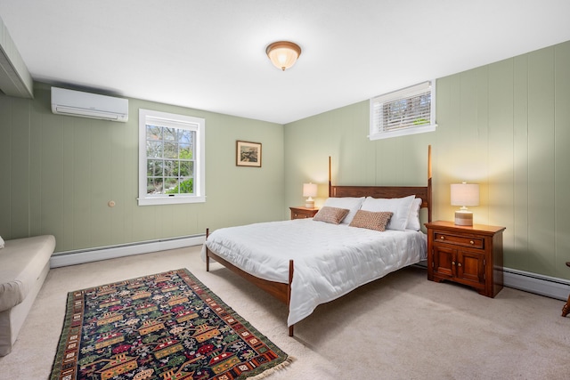 bedroom featuring a baseboard radiator, an AC wall unit, and light colored carpet