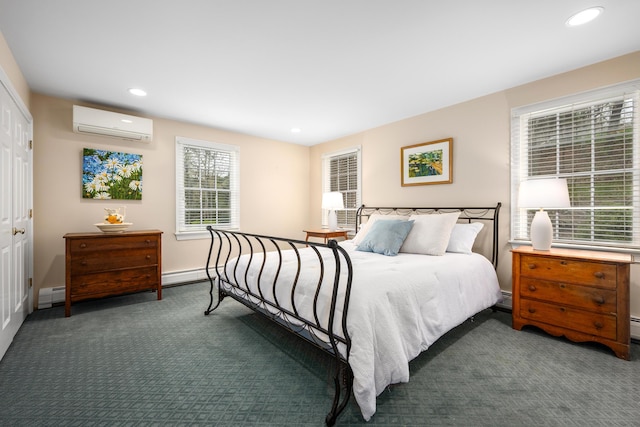 bedroom featuring a wall mounted air conditioner, carpet floors, recessed lighting, baseboards, and a closet