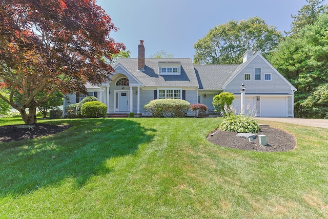 67 Sea Meadow Cir, Centerville, MA 02632 - shingle-style home with a garage, a front yard, driveway, and a chimney