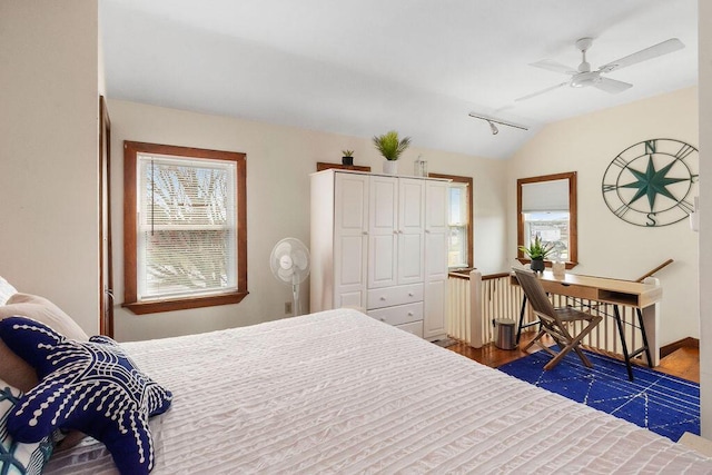 bedroom with multiple windows, vaulted ceiling, and wood finished floors