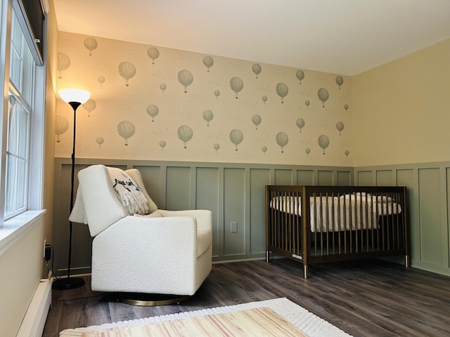 50 Great Hill Rd, Sandwich, MA 02563 - bedroom featuring a decorative wall, dark wood finished floors, a wainscoted wall, and wallpapered walls