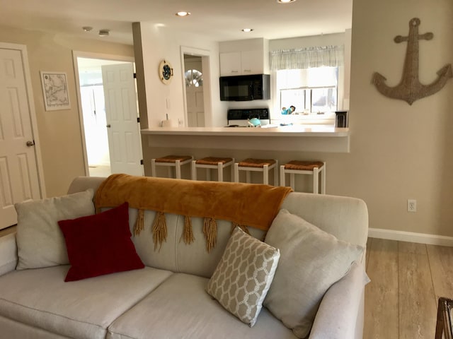 living area with recessed lighting, baseboards, and wood finished floors