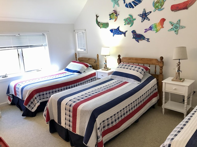 bedroom with vaulted ceiling and carpet flooring