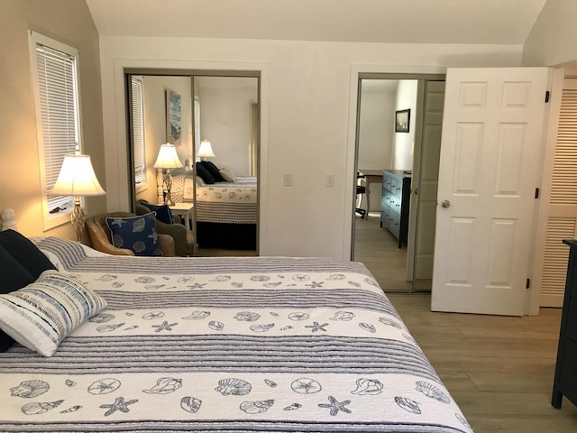 bedroom with light wood-style flooring, vaulted ceiling, and a closet