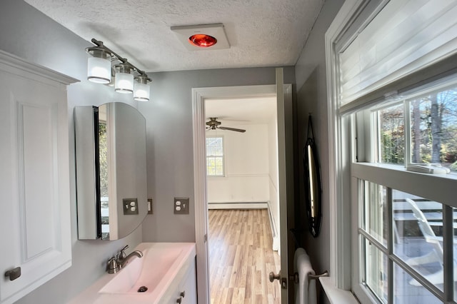 bathroom with vanity, a baseboard radiator, a textured ceiling, and wood-type flooring