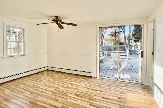 spare room featuring light wood-type flooring, ceiling fan, and baseboard heating