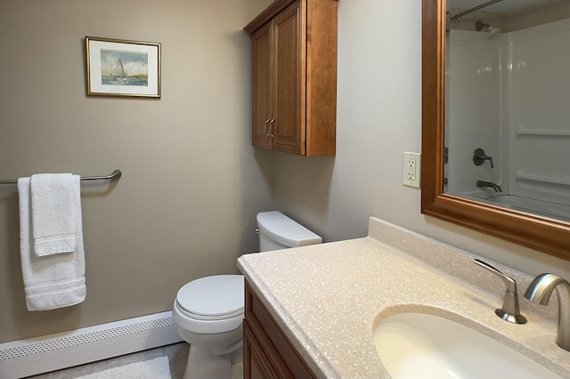 full bathroom featuring vanity, toilet, shower / bath combination, and a baseboard heating unit