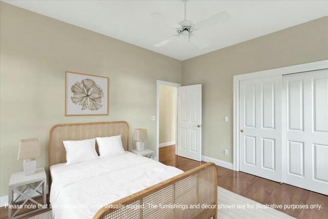 bedroom featuring ceiling fan, a closet, and dark hardwood / wood-style flooring