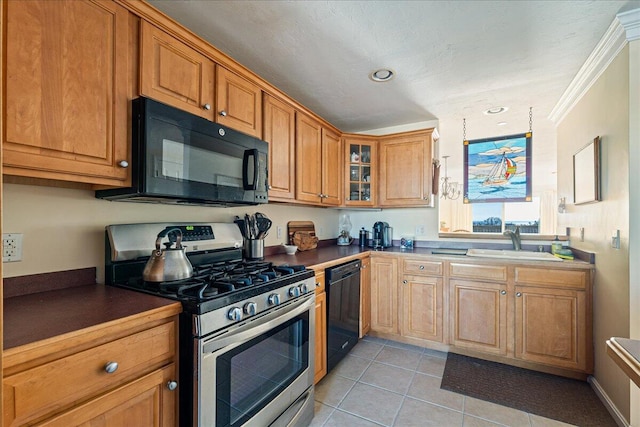 29 Highland Ter Unit 2903, Plymouth, MA 02360 - kitchen with black appliances, a sink, light tile patterned floors, brown cabinets, and glass insert cabinets