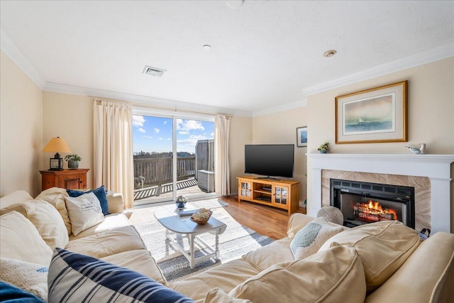 29 Highland Ter Unit 2903, Plymouth, MA 02360 - living area featuring light wood finished floors, ornamental molding, and a warm lit fireplace
