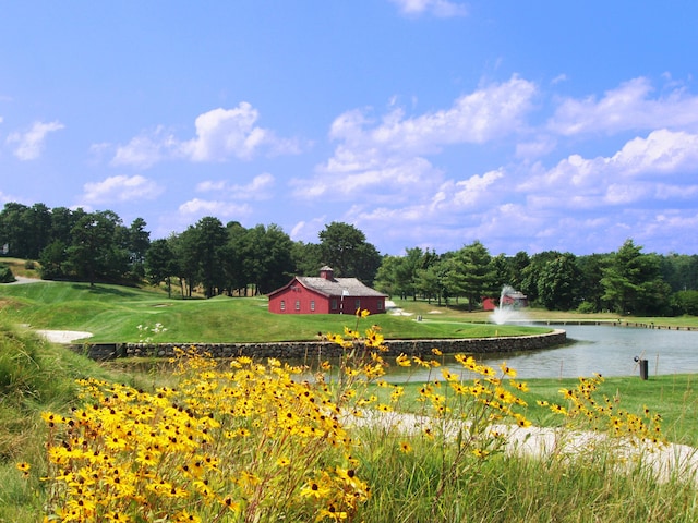 view of home's community featuring a water view and a yard