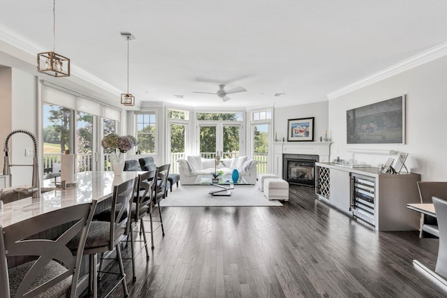 interior space with plenty of natural light, dark wood finished floors, crown molding, and a glass covered fireplace