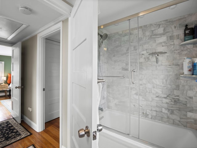 17 Edwards Rd, Hyannis, MA 02601 - bathroom featuring bath / shower combo with glass door and wood finished floors