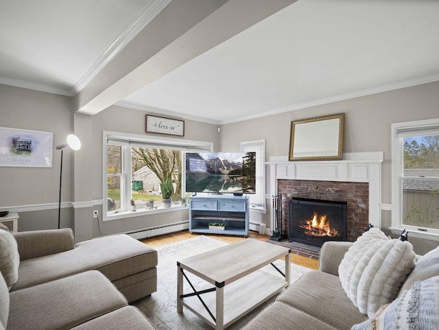 17 Edwards Rd, Hyannis, MA 02601 - living room featuring a brick fireplace, a baseboard heating unit, ornamental molding, and light wood-style flooring