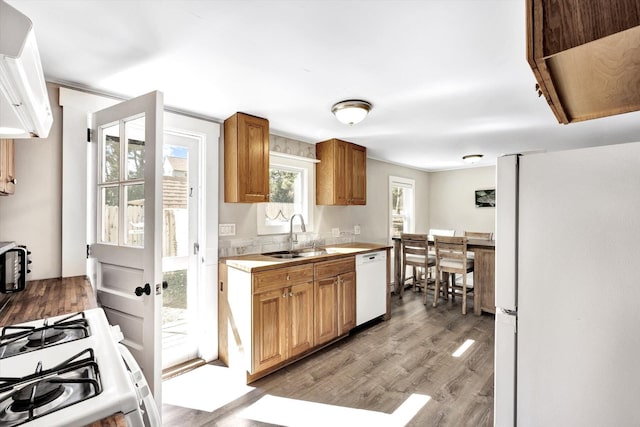 kitchen featuring light wood-type flooring, white appliances, and sink