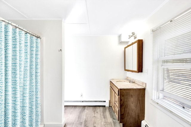 bathroom with wood-type flooring, baseboard heating, walk in shower, vanity, and ornamental molding