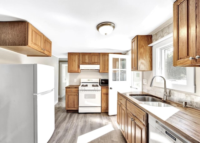 kitchen featuring sink, white appliances, and light wood-type flooring