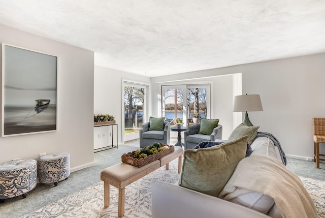 carpeted living room with a textured ceiling