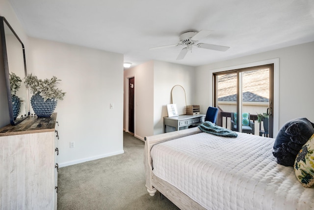 carpeted bedroom with access to exterior and ceiling fan