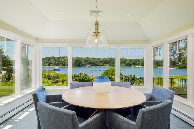 71 Sand Pt, Osterville, MA 02655 - sunroom / solarium with a baseboard heating unit, a water view, and tile patterned flooring