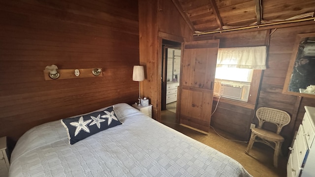 bedroom featuring wood ceiling, lofted ceiling, and wooden walls