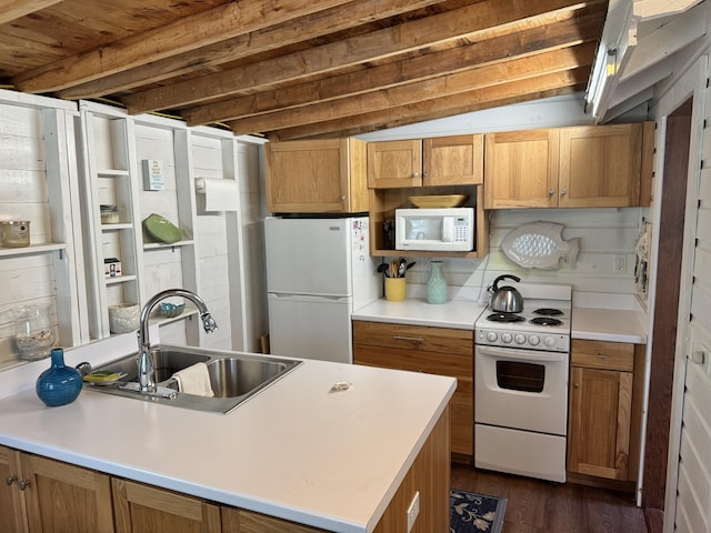 kitchen with white appliances, dark wood-type flooring, light countertops, brown cabinets, and a sink