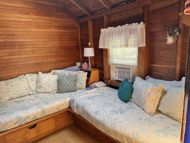 bedroom featuring vaulted ceiling, cooling unit, wooden walls, and wooden ceiling